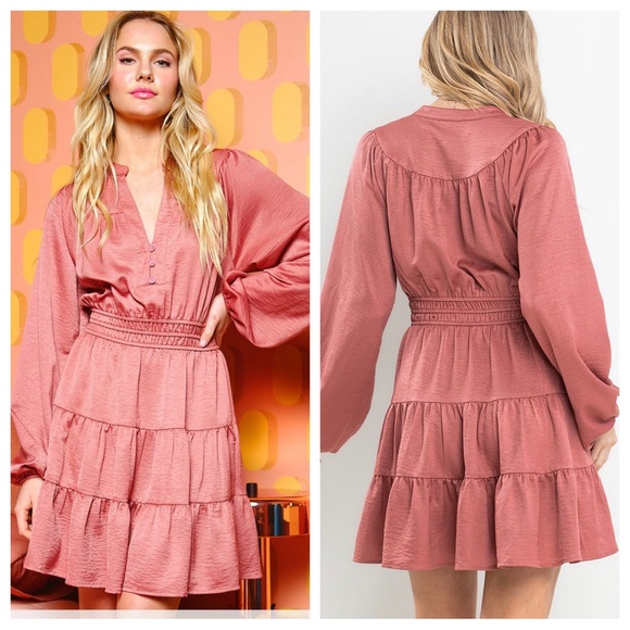 30 Boho Satin Balloon Sleeve Tiered Dress - Picture 2 of 5